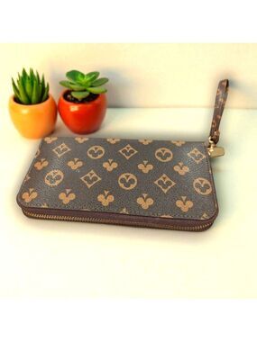 Brown, Tan Monogram Wallet Wristlet,New, With Many Slots And Zipper Inside.New.